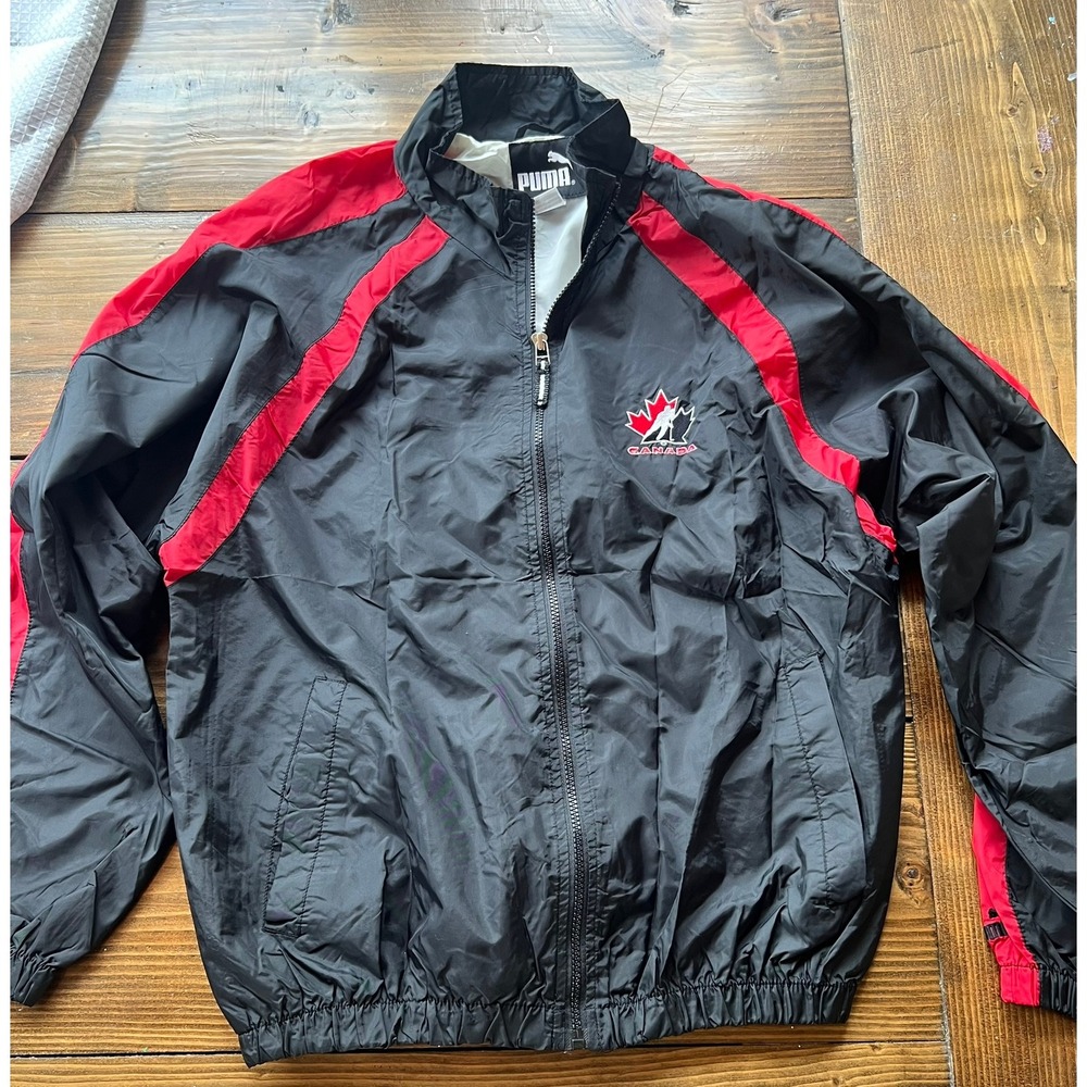 Puma Team Canada Hockey Windbreaker Jacket Mens Medium Black Red Vintage Zip Up